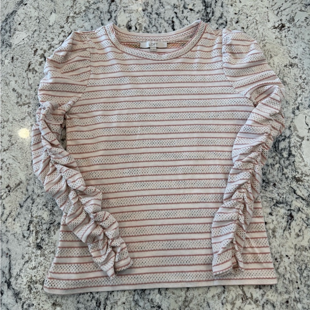 LOFT Pink Striped Pointelle Ruched Sleeve Top Medium - Picture 2 of 10
